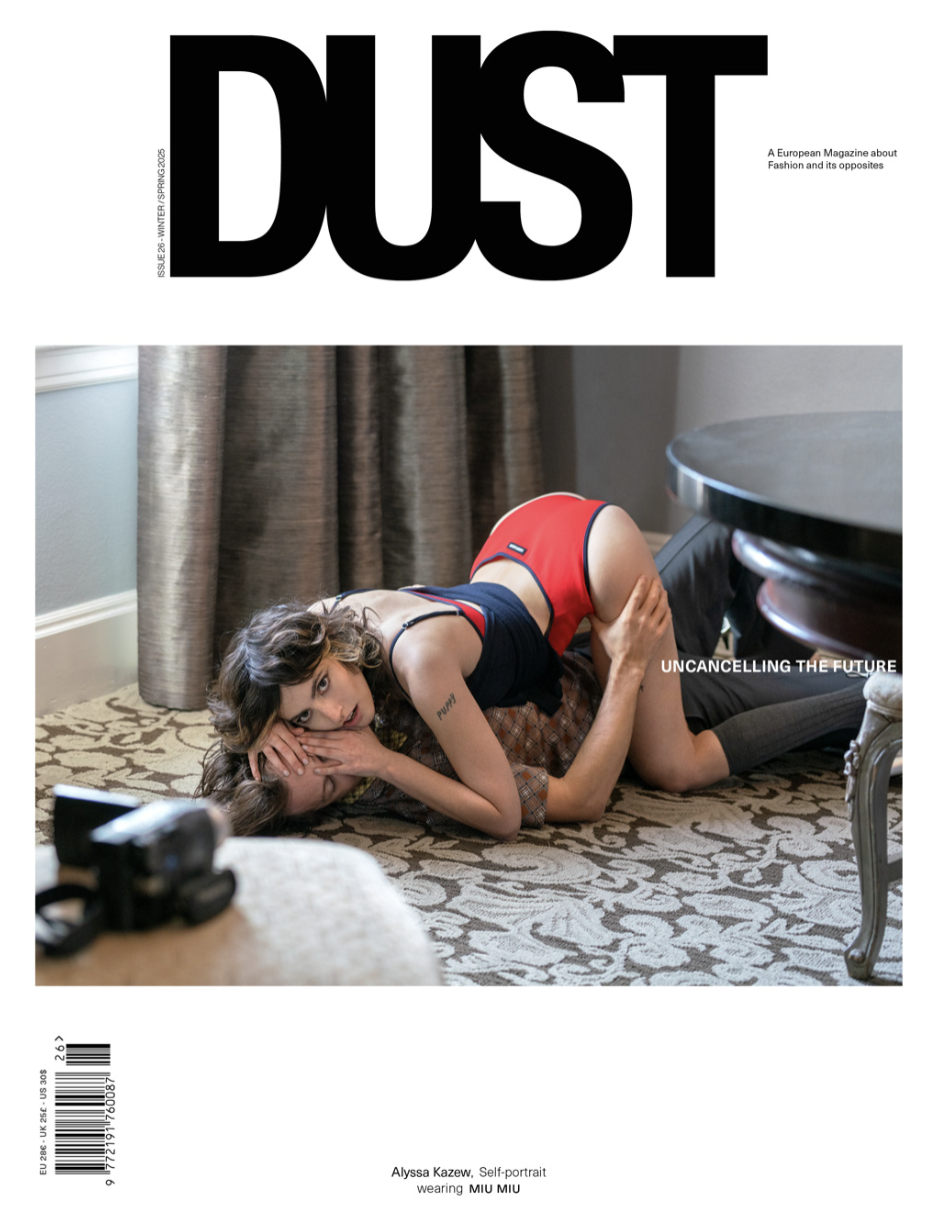 Dust Magazine Issue 26 cover layout with image of Alyssa Kazew laying seductively over a man with a video camera facing her on a nearby chair